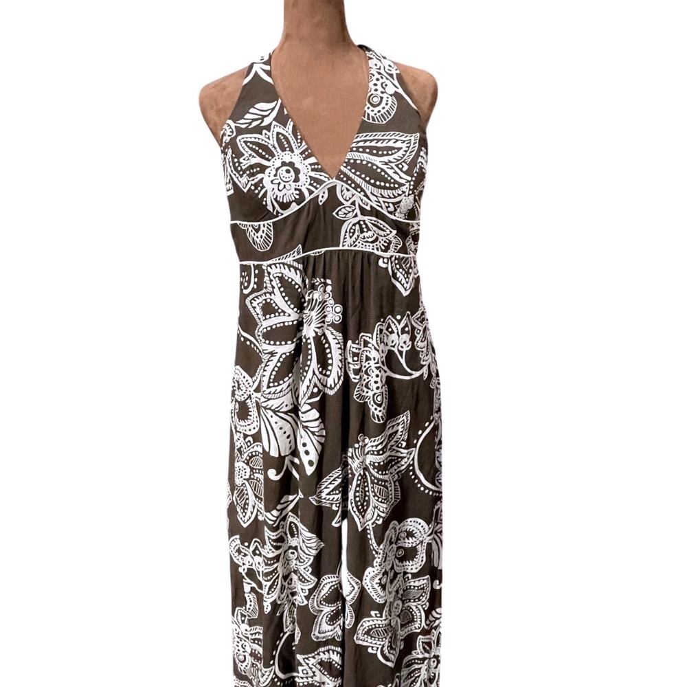 Trixxi Halter Maxi Dress Womens Juniors 11 Brown White Floral Empire Waist *Read